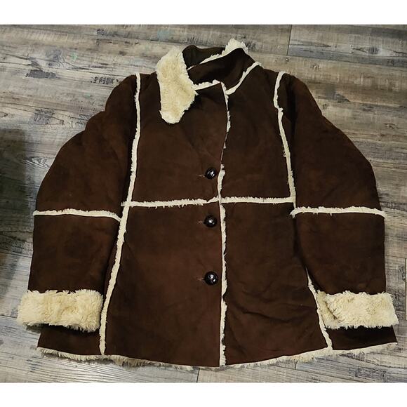 Cabelas Womens Brown Soft Faux Suede Fur Lined Sherpa Jacket Button Coat XL 2062 - Picture 1 of 7